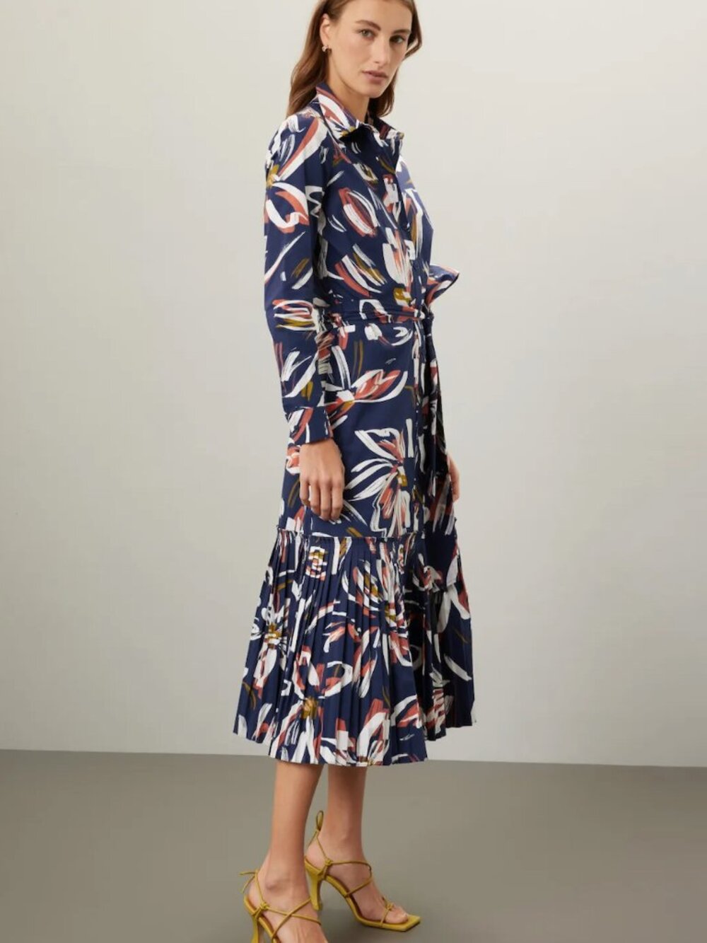 Shoshanna Floral-Print Pleated-Hem Tori Midi Dress Blue Long Sleeve Shirtdress - Picture 3 of 8